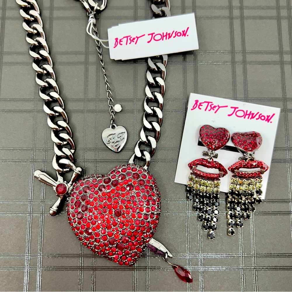 Betsey Johnson ‘Glampire’ Red Heart/Dagger Necklace & Heart Earrings NWT, HTF!